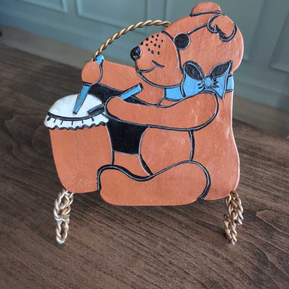 Vintage Artisan Teddy Bear Drummer Tile 1987 Terracotta Decor Handmade Shape